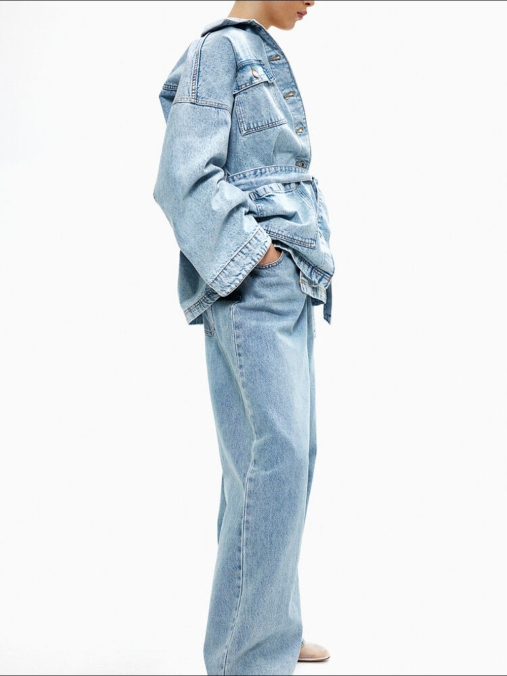 H&M NWT Light Blue Washed Denim Tie Belt Jacket - Picture 3 of 5